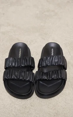 PrettyLittleThing Flat Sandals*Real Leather Round Toe Ruched Detail Strap Footbed Sandals
