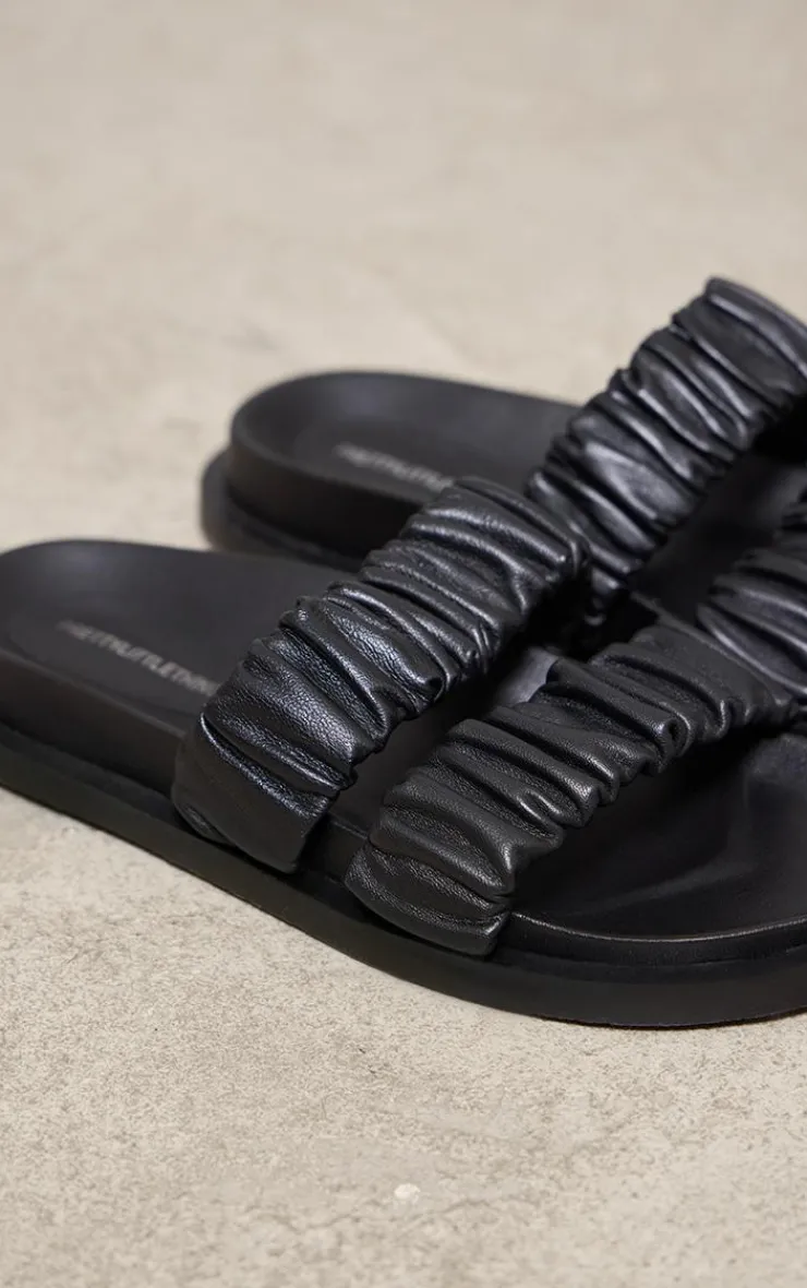 PrettyLittleThing Flat Sandals*Real Leather Round Toe Ruched Detail Strap Footbed Sandals