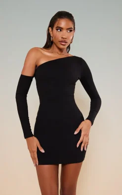 Rib Asymmetric Shoulder Bodycon Dress-PrettyLittleThing