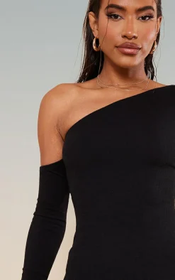 Rib Asymmetric Shoulder Bodycon Dress-PrettyLittleThing