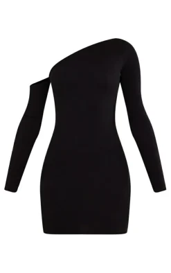 Rib Asymmetric Shoulder Bodycon Dress-PrettyLittleThing