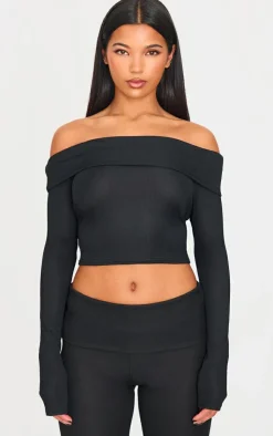 Clearance PrettyLittleThing Rib Bardot Longline Foldover Top Black