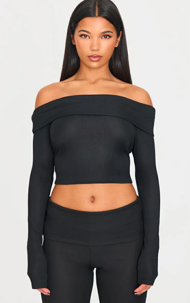 Clearance PrettyLittleThing Rib Bardot Longline Foldover Top Black