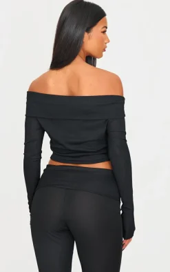 Clearance PrettyLittleThing Rib Bardot Longline Foldover Top Black