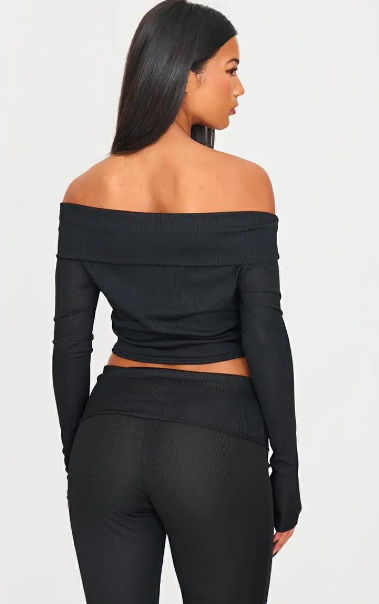 Clearance PrettyLittleThing Rib Bardot Longline Foldover Top Black