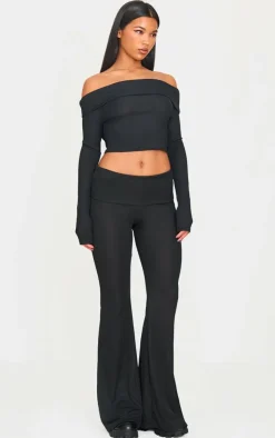 Clearance PrettyLittleThing Rib Bardot Longline Foldover Top Black