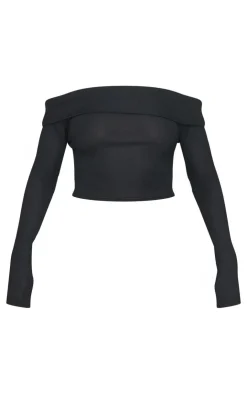 Clearance PrettyLittleThing Rib Bardot Longline Foldover Top Black