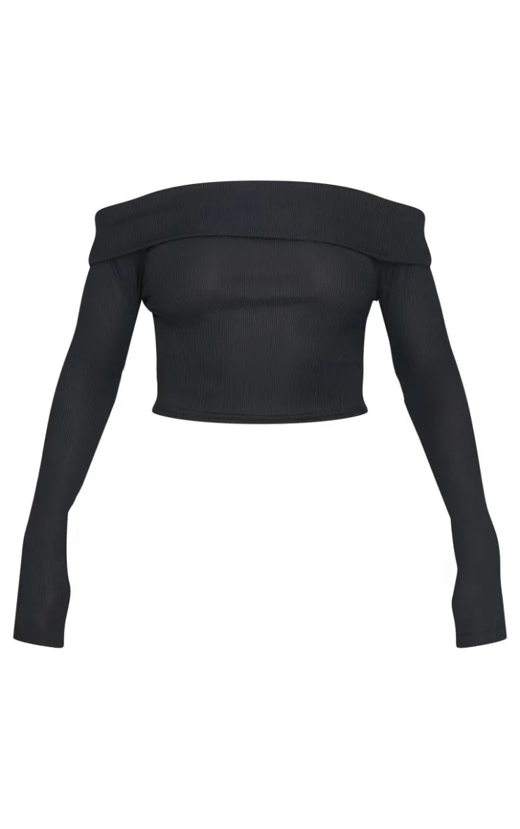 Clearance PrettyLittleThing Rib Bardot Longline Foldover Top Black