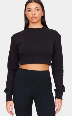 Black Rib Cinched Waist Detail Cropped Sweatshirt