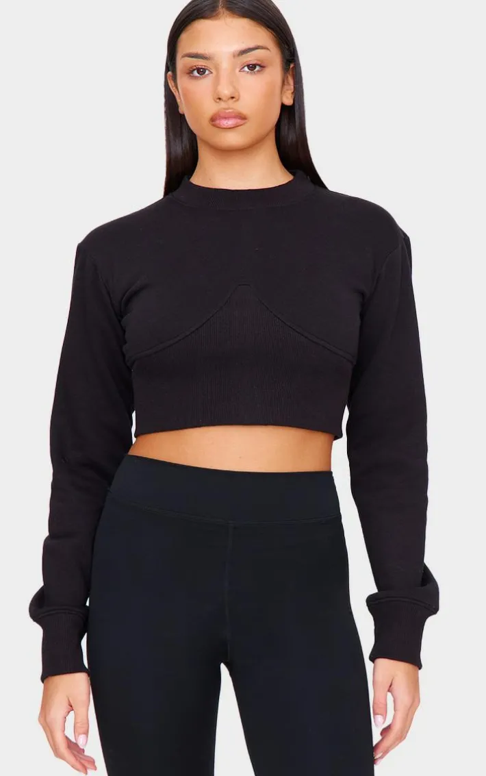 Black Rib Cinched Waist Detail Cropped Sweatshirt
