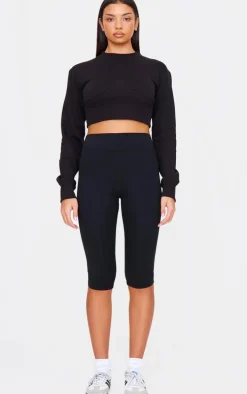 Black Rib Cinched Waist Detail Cropped Sweatshirt