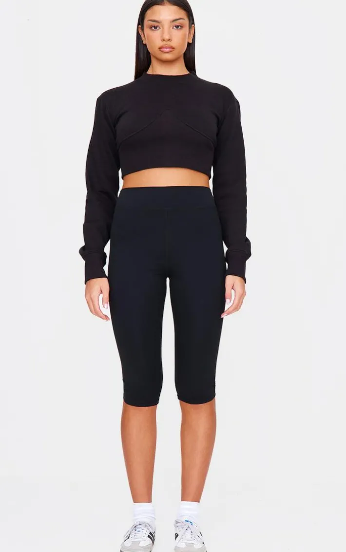 Black Rib Cinched Waist Detail Cropped Sweatshirt