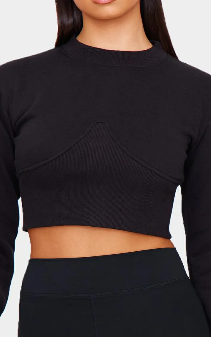 Black Rib Cinched Waist Detail Cropped Sweatshirt