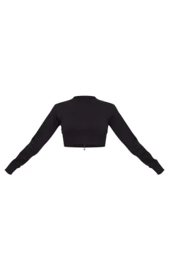 Black Rib Cinched Waist Detail Cropped Sweatshirt