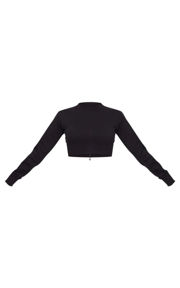 Black Rib Cinched Waist Detail Cropped Sweatshirt