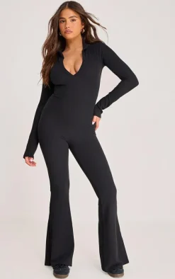 Black Rib Collar Detail Flare Leg Jumpsuit