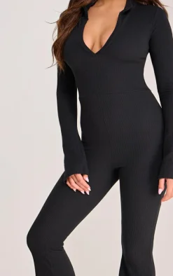 Black Rib Collar Detail Flare Leg Jumpsuit