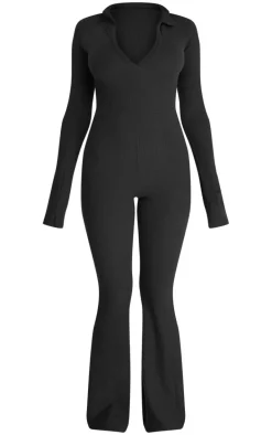 Black Rib Collar Detail Flare Leg Jumpsuit