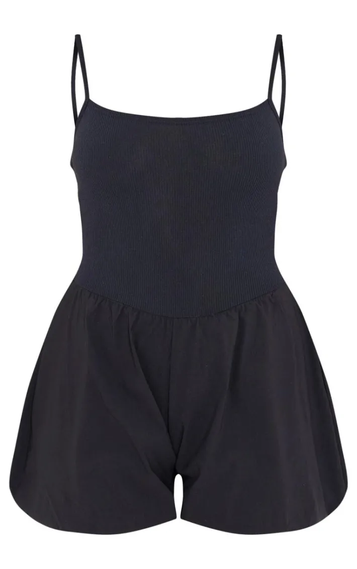 Black Rib Contrast Puff Short Romper