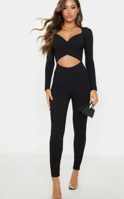 Rib Cross Over Long Sleeve Jumpsuit-PrettyLittleThing Sale