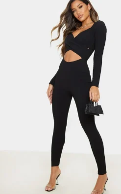 Rib Cross Over Long Sleeve Jumpsuit-PrettyLittleThing Sale