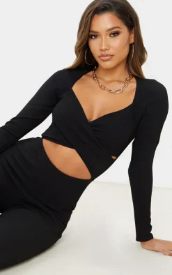 Rib Cross Over Long Sleeve Jumpsuit-PrettyLittleThing Sale