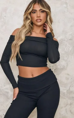 Online PrettyLittleThing Rib Foldover Bardot Flute Sleeve Longline Top Black