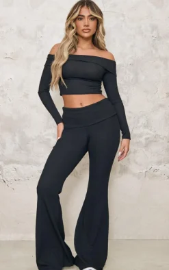 Online PrettyLittleThing Rib Foldover Bardot Flute Sleeve Longline Top Black