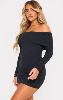 Rib Foldover Bardot Bodycon Dress-PrettyLittleThing