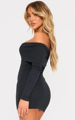 Rib Foldover Bardot Bodycon Dress-PrettyLittleThing