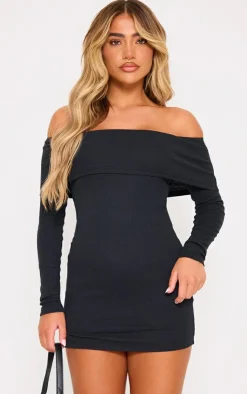 Rib Foldover Bardot Bodycon Dress-PrettyLittleThing