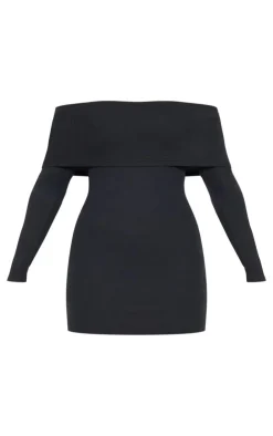 Rib Foldover Bardot Bodycon Dress-PrettyLittleThing