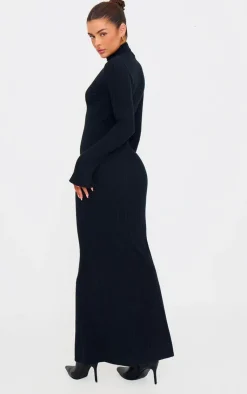 Rib High Neck Long Sleeve Maxi Dress-PrettyLittleThing Discount
