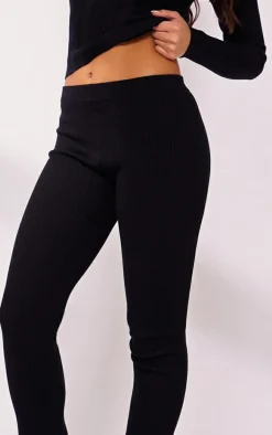 Black Rib Knit Flared Pants