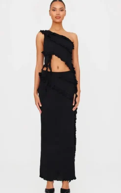 Discount PrettyLittleThing Rib Knit Frill Detail Maxi Skirt Black