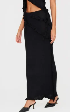 Discount PrettyLittleThing Rib Knit Frill Detail Maxi Skirt Black