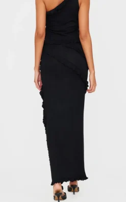Discount PrettyLittleThing Rib Knit Frill Detail Maxi Skirt Black