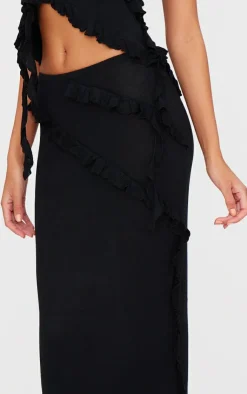 Discount PrettyLittleThing Rib Knit Frill Detail Maxi Skirt Black