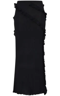 Discount PrettyLittleThing Rib Knit Frill Detail Maxi Skirt Black