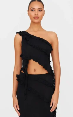 PrettyLittleThing Rib Knit Frill Detail Asymmetric Top Black