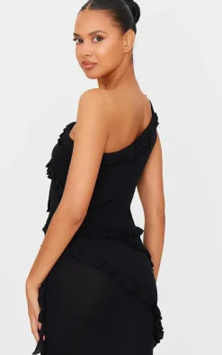 PrettyLittleThing Rib Knit Frill Detail Asymmetric Top Black