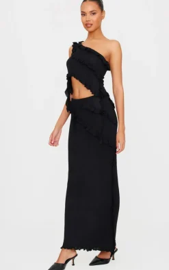 PrettyLittleThing Rib Knit Frill Detail Asymmetric Top Black