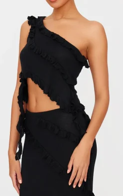 PrettyLittleThing Rib Knit Frill Detail Asymmetric Top Black