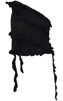 PrettyLittleThing Rib Knit Frill Detail Asymmetric Top Black