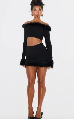 Hot PrettyLittleThing Rib Knit Fur Trim Mini Skirt Black