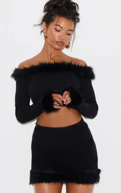 Hot PrettyLittleThing Rib Knit Fur Trim Mini Skirt Black
