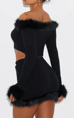 Hot PrettyLittleThing Rib Knit Fur Trim Mini Skirt Black