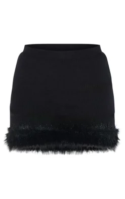 Hot PrettyLittleThing Rib Knit Fur Trim Mini Skirt Black