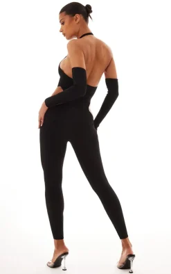Rib Knit Halterneck Cut Out Jumpsuit & Sleeves-PrettyLittleThing Sale