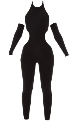 Rib Knit Halterneck Cut Out Jumpsuit & Sleeves-PrettyLittleThing Sale